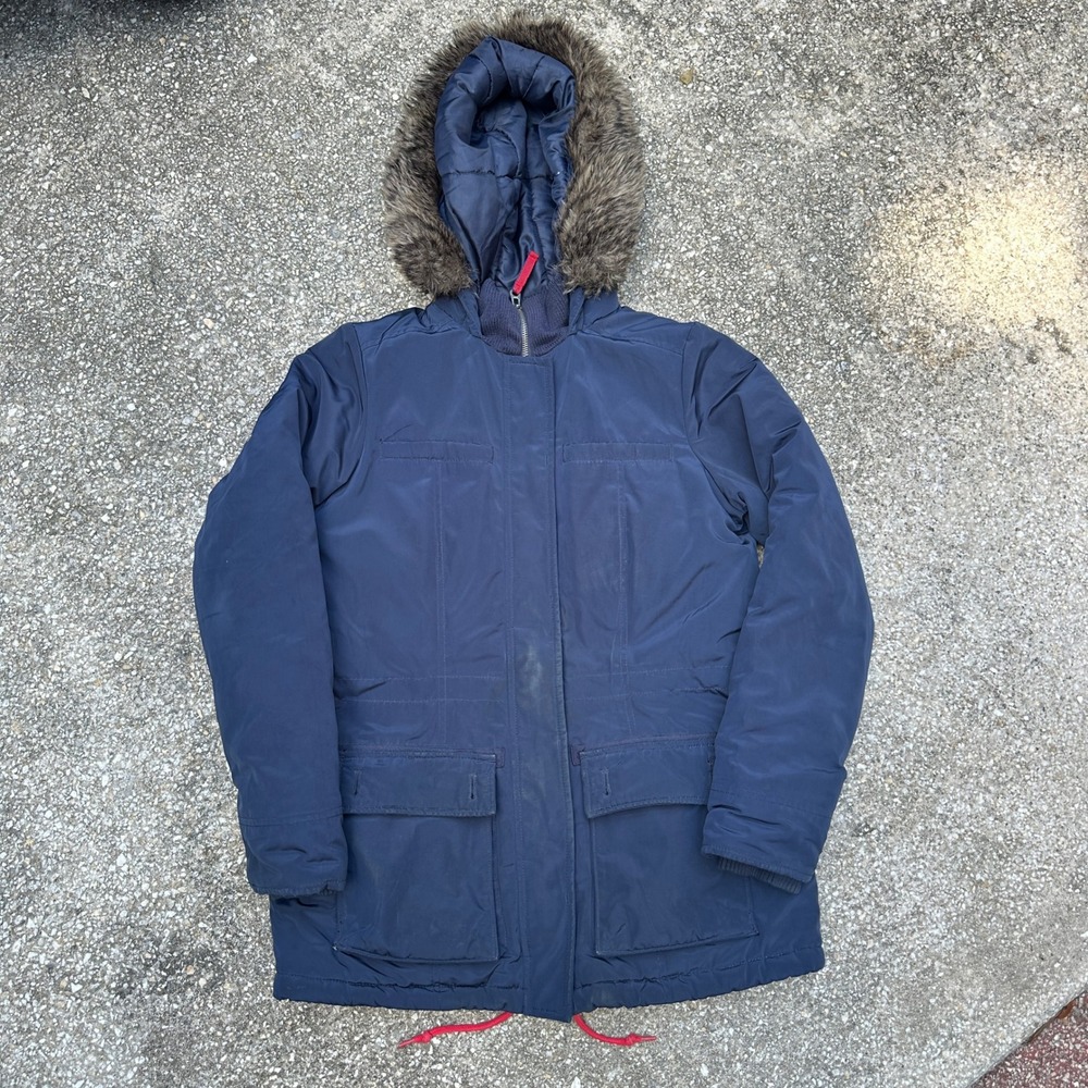 Tommy Hilfiger Womens Navy Blue Hooded Parka Faux Fur Trim Quilted Lining Small